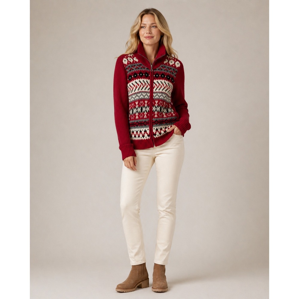 Covington Zip Front Cardigan Sweater Womens Medium Red Ribbed Nordic Aztec Knit